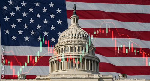 Economic recession and political uncertainty in the United States, illustrated by a stock market volatility chart over the US Capitol building