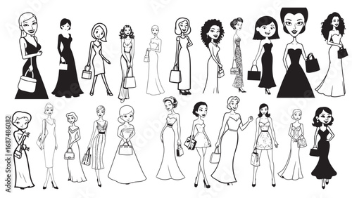 Beautiful Woman Formal Dress Standing Hold Bag Silhouette 2D Cartoon Character Black White Background