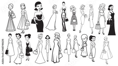 Beautiful Woman Formal Dress Standing Hold Bag Silhouette 2D Cartoon Character Black White Background
