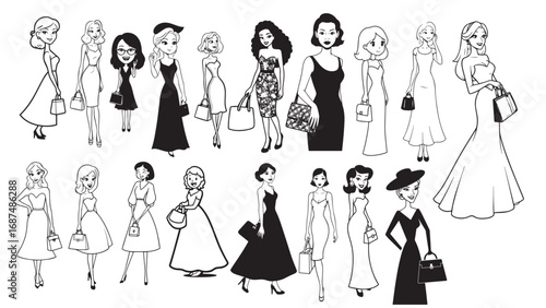 Beautiful Woman Formal Dress Standing Hold Bag Silhouette 2D Cartoon Character Black White Background