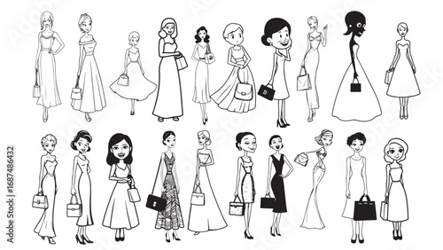 Beautiful Woman Formal Dress Standing Hold Bag Silhouette 2D Cartoon Character Black White Background