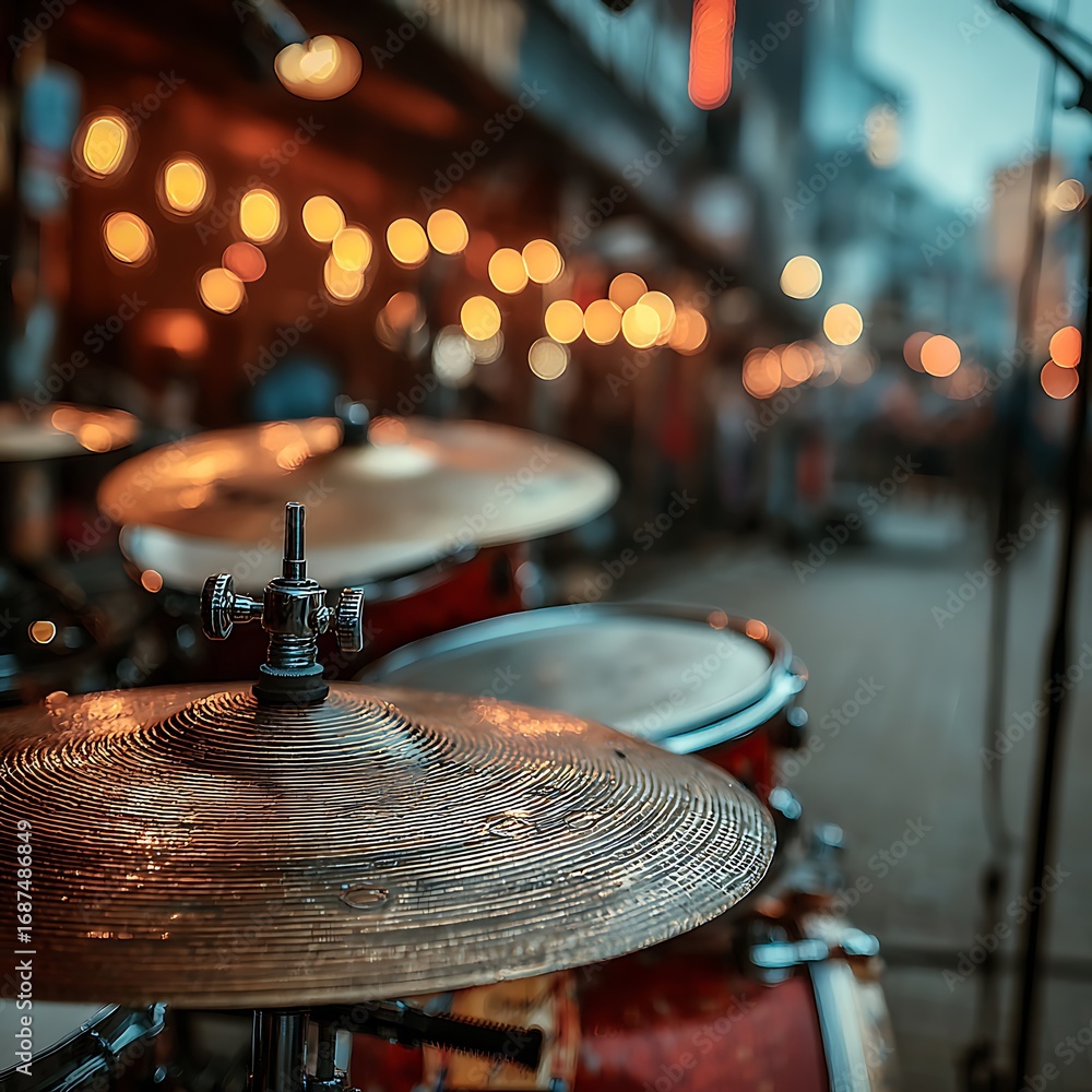 Obraz premium Vibrant drum set ready for live performance in city night