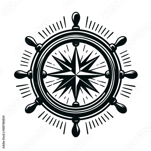Nautical ship wheel with compass rose in vintage style in black and white for navigation