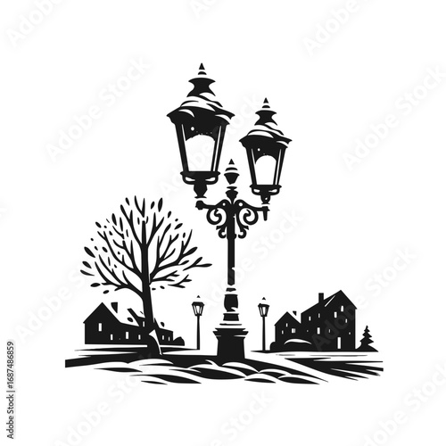 Village scene in black-and-white winter illustration