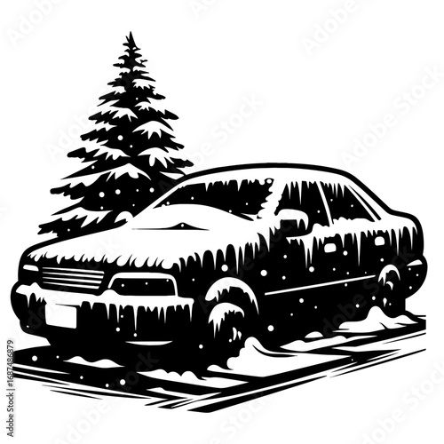Snow-covered car in silhouette style in black and white depicting winter scene