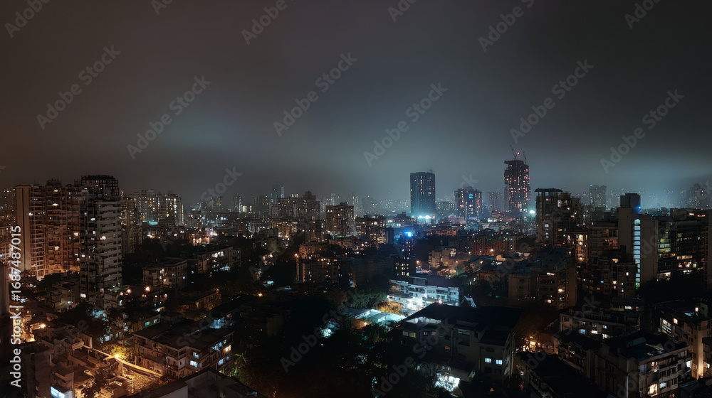 Obraz premium Panoramic nighttime cityscape with illuminated skyline and urban lights under a misty sky