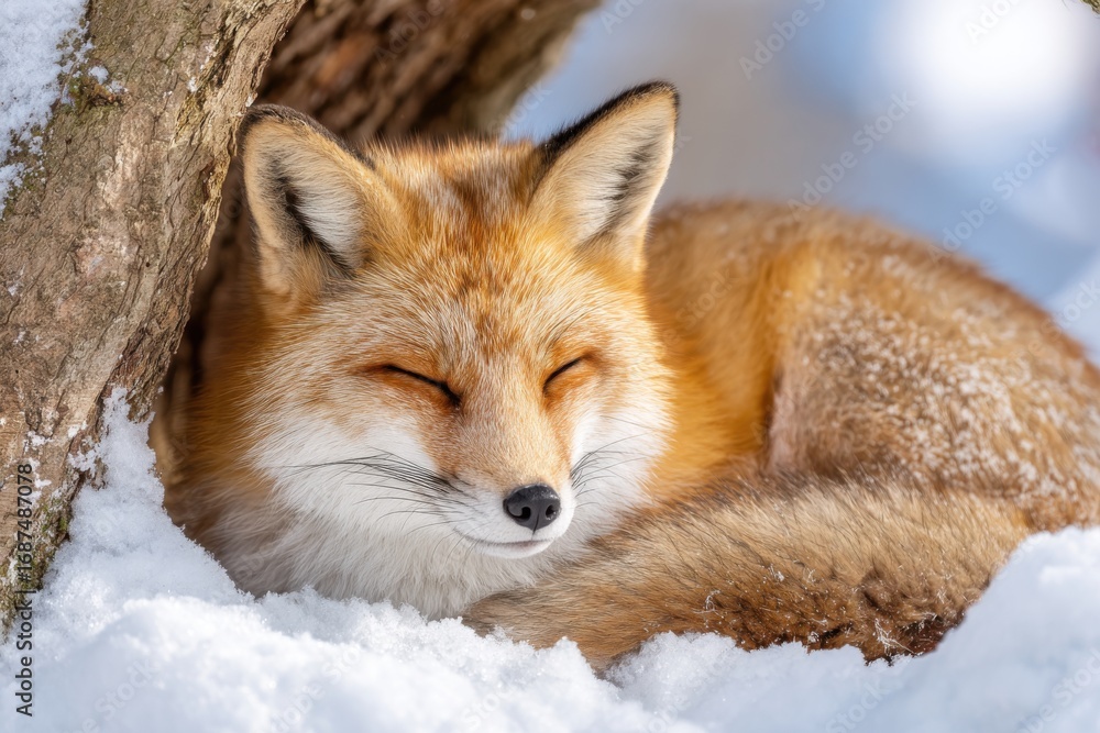 Fototapeta premium Red fox sleeping peacefully in the snow under a tree