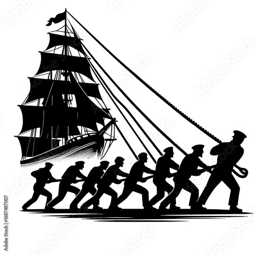 Sailors Pulling Rope Near Ship Silhouette