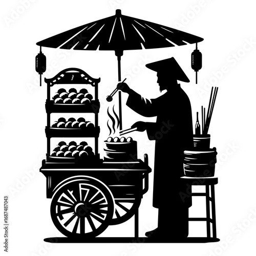 Street vendor preparing food with cart against plain background