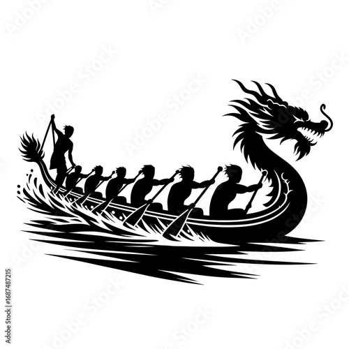 Dragon boat team paddling during race