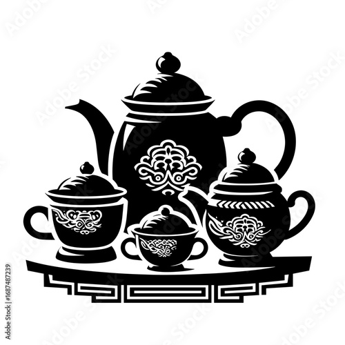 Teapot and cups in silhouette style in black and white for tea service