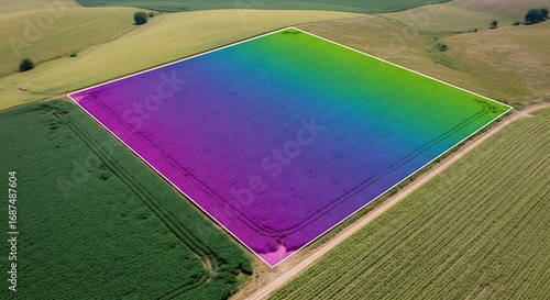 Smart agriculture technology using a drone to map and analyze crop growth on a modern farm field with a colorful data overlay