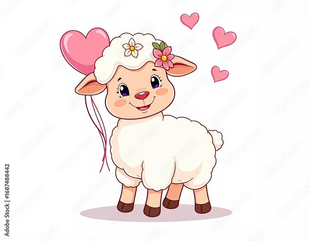 Obraz premium Adorable cartoon sheep holding a pink heart balloon, radiating love and joy with floating hearts