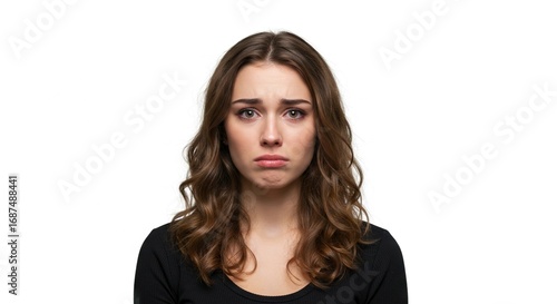 Young woman with sad expression brown wavy hair black top isolated on white