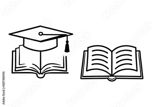 Vector line art icons of educational symbols an open book with a graduation cap, and a standalone open book. Represents learning, knowledge acquisition, and academic success