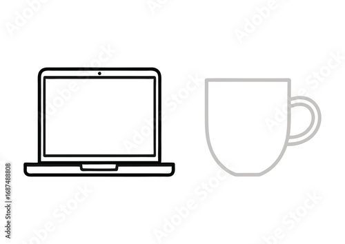 Vector illustration of a laptop and coffee cup icon. A simple symbol for business, freelance work, technology, and a morning routine