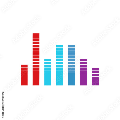Red, blue, and purple vertical bars represent a sound equalizer or audio levels