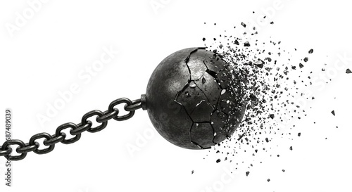A black wrecking ball partially shattered and connected to a metal chain against a white background