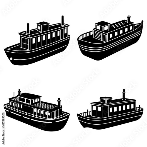 Illustration of four ferry boats with detailed structures in black and white isometric perspective view