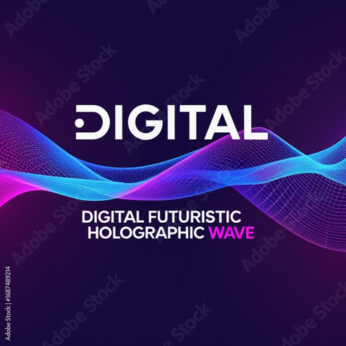 Futuristic holographic wave with glowing grid lines on purple background with bold text above the design element