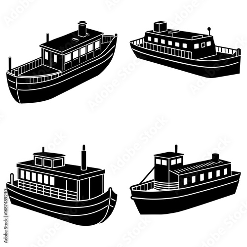 Four black and white silhouette images of boats or ferries with various cabin and deck configurations