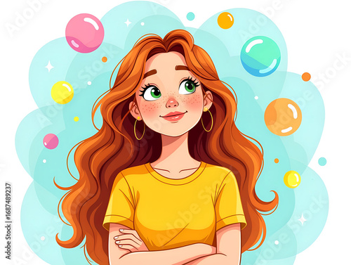 Whimsical illustration of a girl with long wavy red hair and freckles young woman