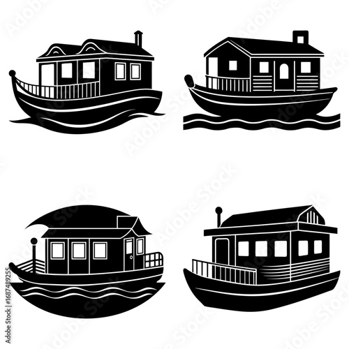 Four black and white houseboats with different designs floating on water in a vector illustration