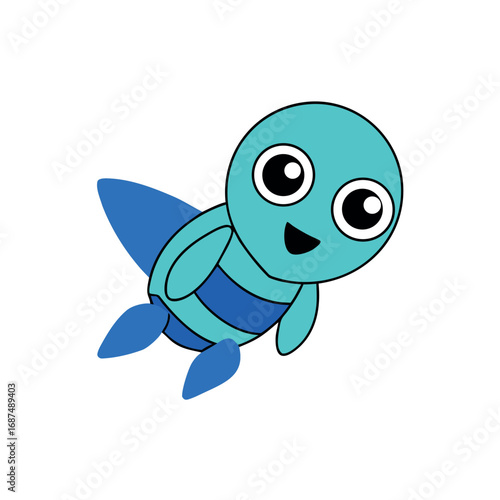 Cute cartoon alien flying high in the sky with a futuristic jetpack Vector illustration