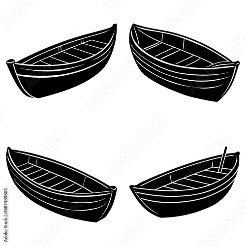 Four black and white rowboats are arranged in a symmetrical pattern on a white background image here