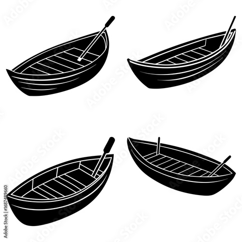 Four black and white rowboats with oars arranged in a square pattern on a white background image art