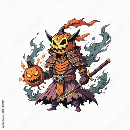 Spooky samurai warrior with jack o lantern and katana