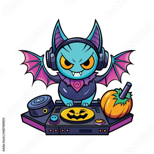 Cute halloween bat dj playing music with pumpkin and turntable