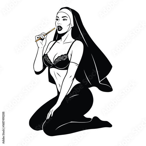 Seductive Pop Art Pin-up of a Kneeling Nun in a Lace Bra and Lingerie