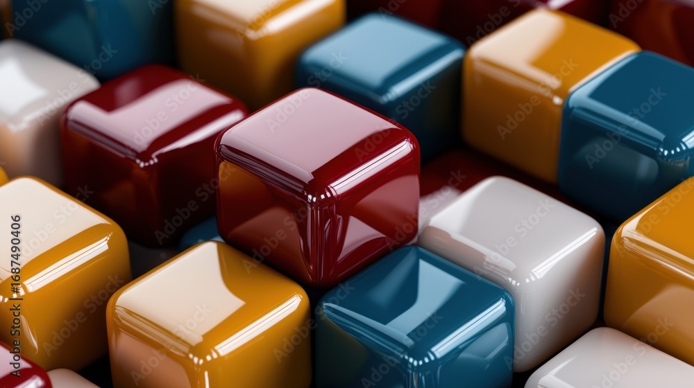 Obraz premium Close-up view of colorful, glossy, cube-shaped objects arranged together, reflecting light.