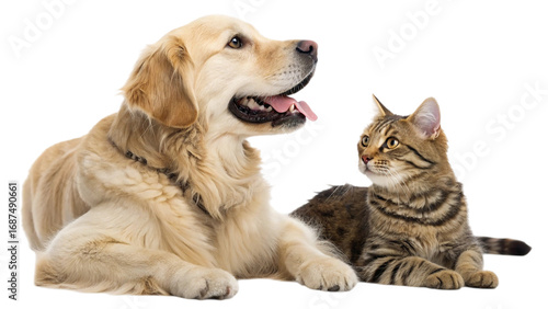 Golden retriever dog and tabby cat friends isolated on transparent background