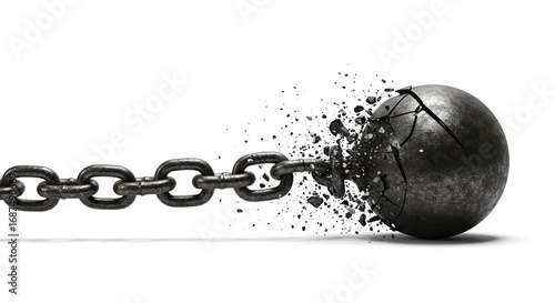 A cracked metallic wrecking ball attached to a chain debris flying