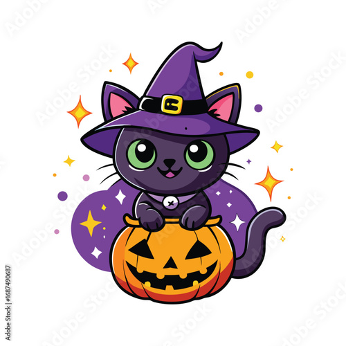 Cute black cat wearing a witch hat sitting in a jack o lantern