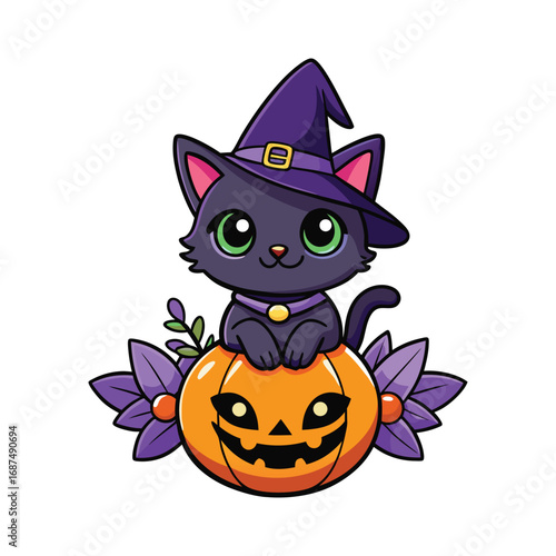 Cute black cat wearing a witch hat sitting on a jack o lantern