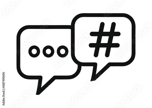 Black and white vector graphic of chat bubbles, one with an ellipsis for a message and the other with a hashtag, symbolizing online dialogue and social networking