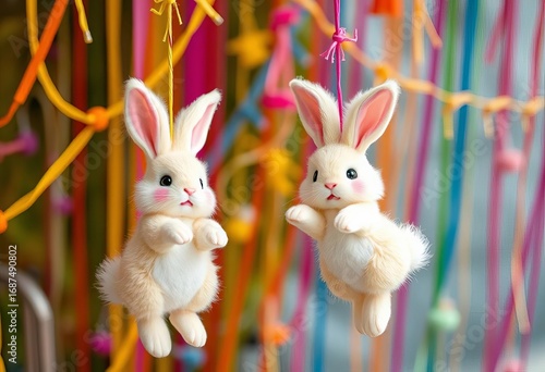 Whimsical fluffy bunnies dangle from vibrant strings, creating a joyful scene,  joy,  whimsical