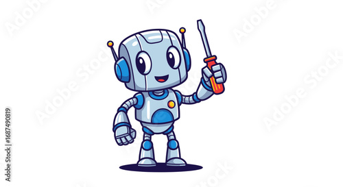 Friendly Cartoon Robot Mechanic with Screwdriver.
