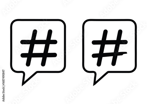 A set of two black and white hashtag icons within speech bubbles, symbolizing social media communication, online conversation, and digital tagging