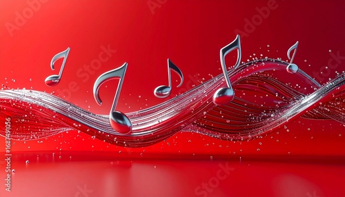 Wallpaper Mural Silver musical notes floating on red background. 3D music symbol dancing on wavy music note line. Modern abstract illustration. Luxury design. Creative technology art style. Stylish graphics. Torontodigital.ca