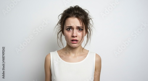 A distraught woman with messy hair and tearstreaked face wears a white tank top against a plain background