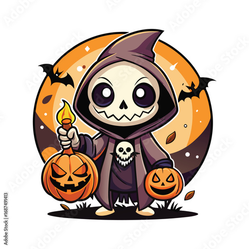 Cute skeleton grim reaper holding pumpkins and candle for halloween