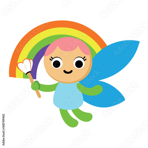 Cute cartoon fairy painting a rainbow across the magical sky with joy Vector illustration