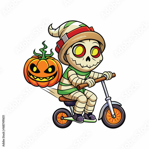 Cute mummy riding a scooter with a jack o lantern