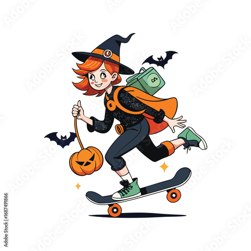 Happy witch girl riding skateboard with pumpkin and bats
