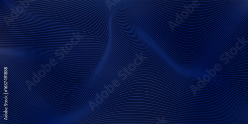 Abstract dark blue background with smooth flowing wave patterns and fine textured lines. A modern and elegant design, perfect for technology, business, and professional digital applications.