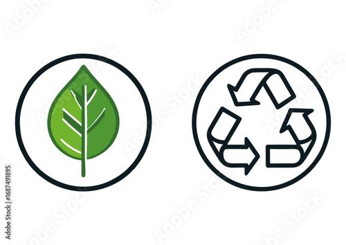 A set of eco-friendly icons, including a vibrant green leaf and a classic recycling symbol, representing sustainability and environmental conservation concepts